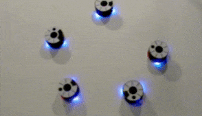 a GIF of 5 3pi robots controlled by a global vision system